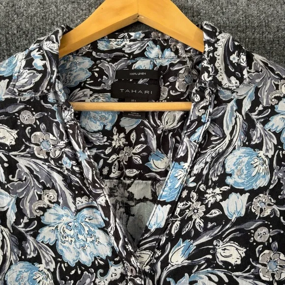 TAHARI Womens Linen Floral Button Up Top Size Large Black Blue Office Career - Picture 4 of 8